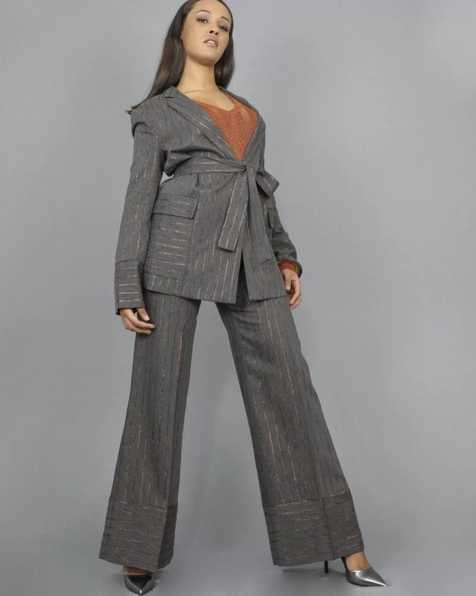 La Piscine Paris Blazer en laine mélangée avec de fines rayures en lurex cuivré Space Simona Corsellini Gris Clearance