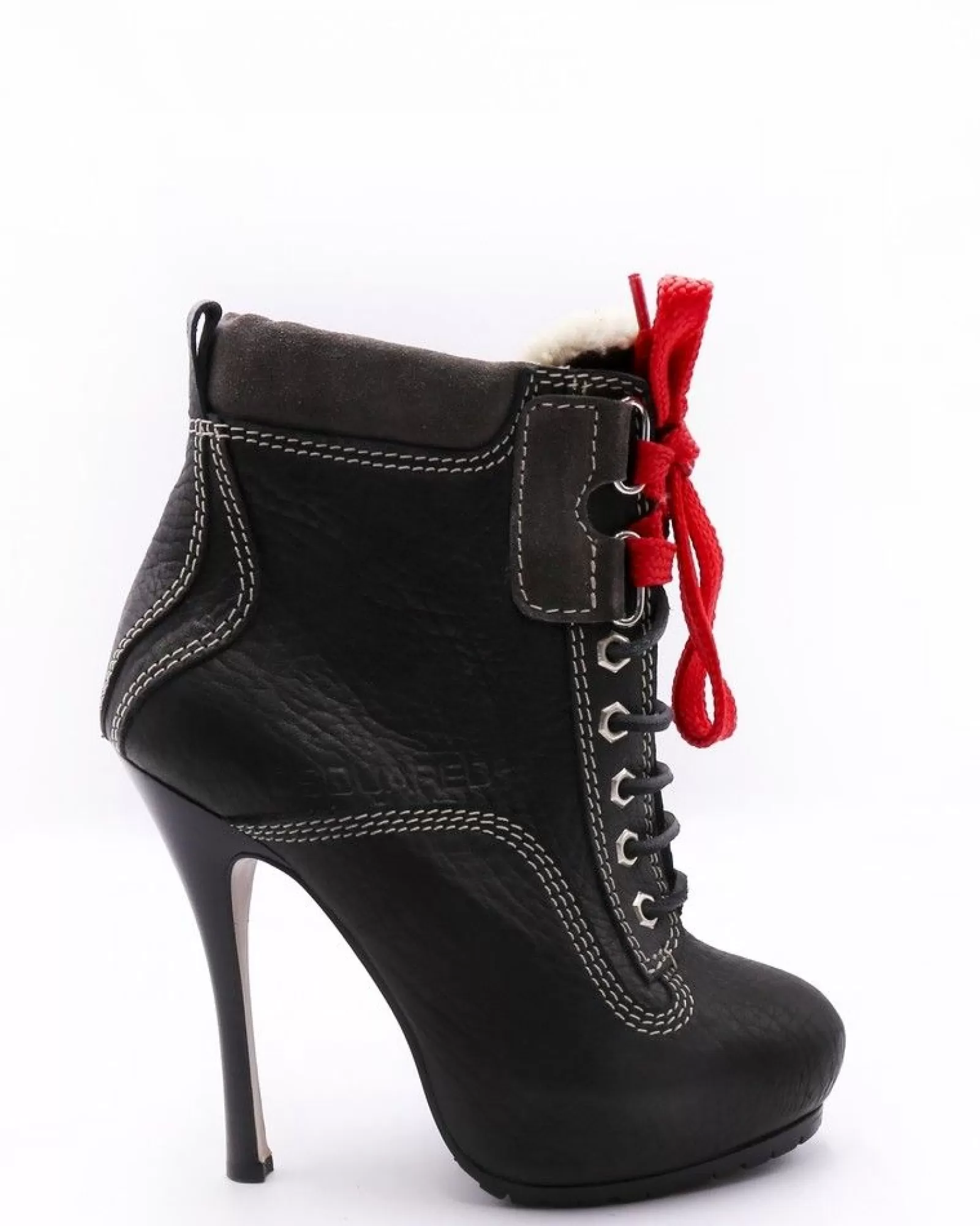 La Piscine Paris Bottines en cuir texturé à lacets rouges et empiècements en daim Dsquared Noir Sale