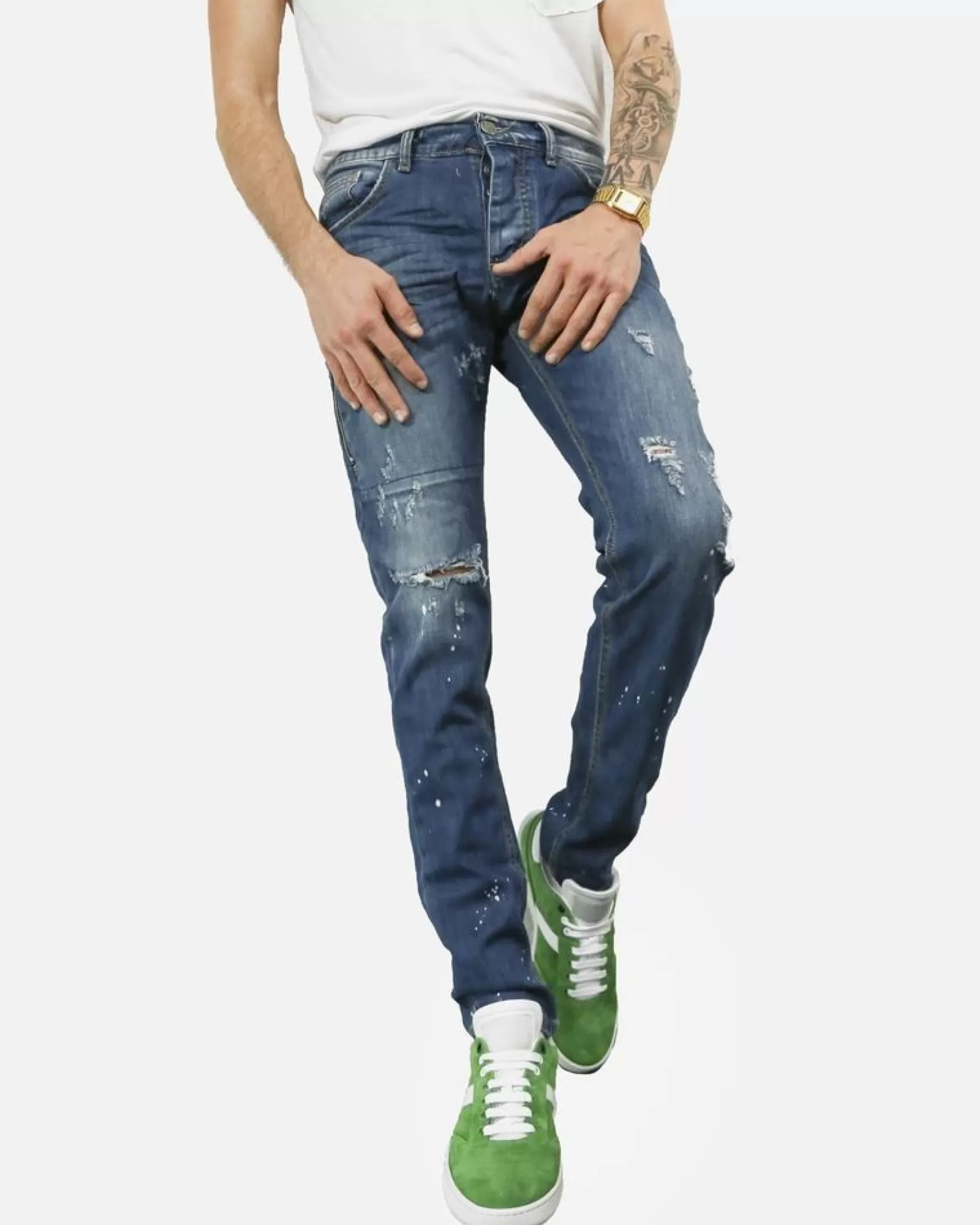 La Piscine Paris Jean slim à tache de peinture blanche Low Brand Bleu Best Sale