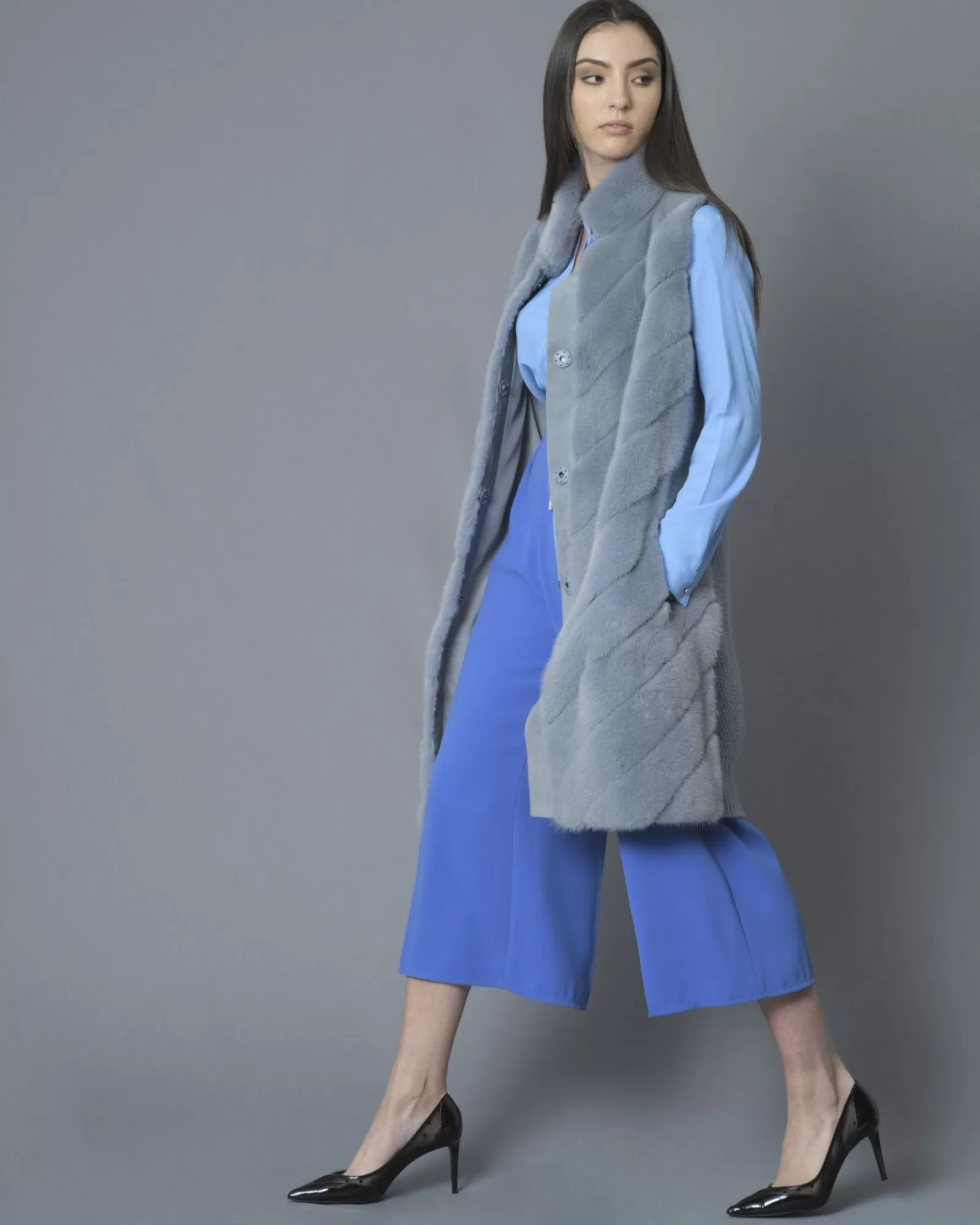 La Piscine Paris Manteau sans manches en fourrure Vison et en laine mélangée manzoni 24 Bleu Shop