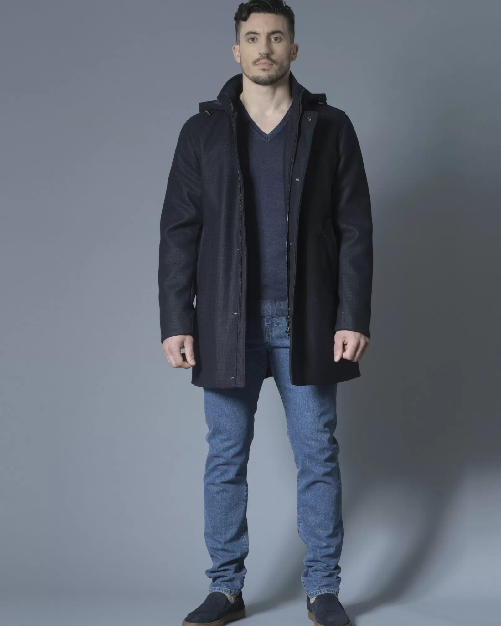 La Piscine Paris Manteau en laine mélangée à capuche amovible Palto Bleu Sale