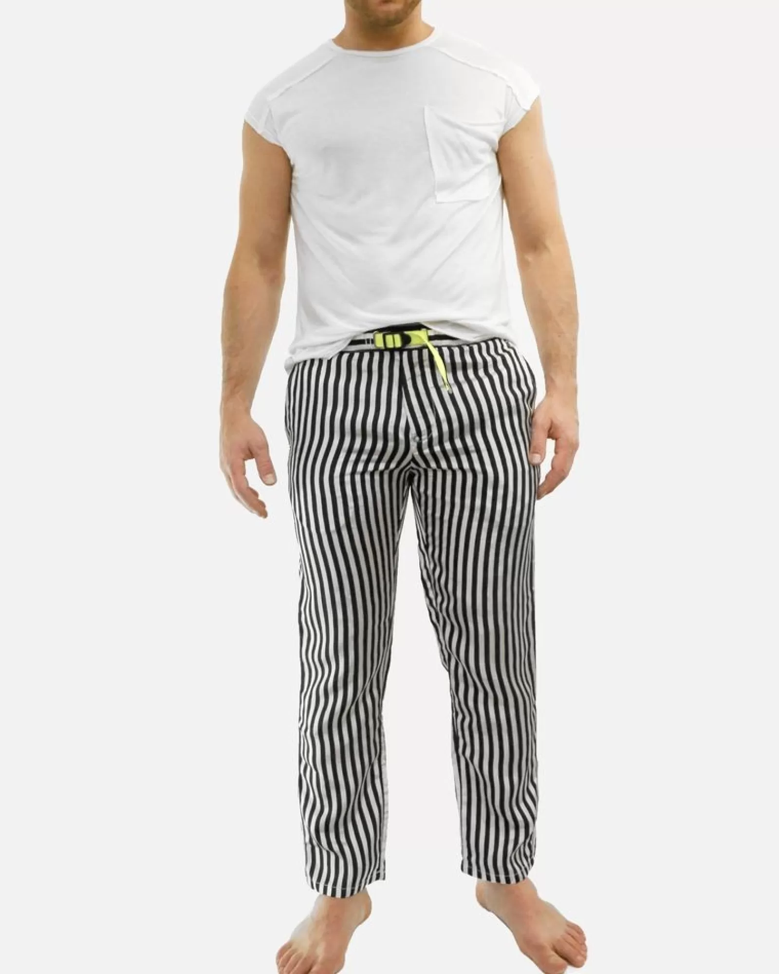 La Piscine Paris Pantalon chino en satin de coton rayé noir White Sand Blanc Discount