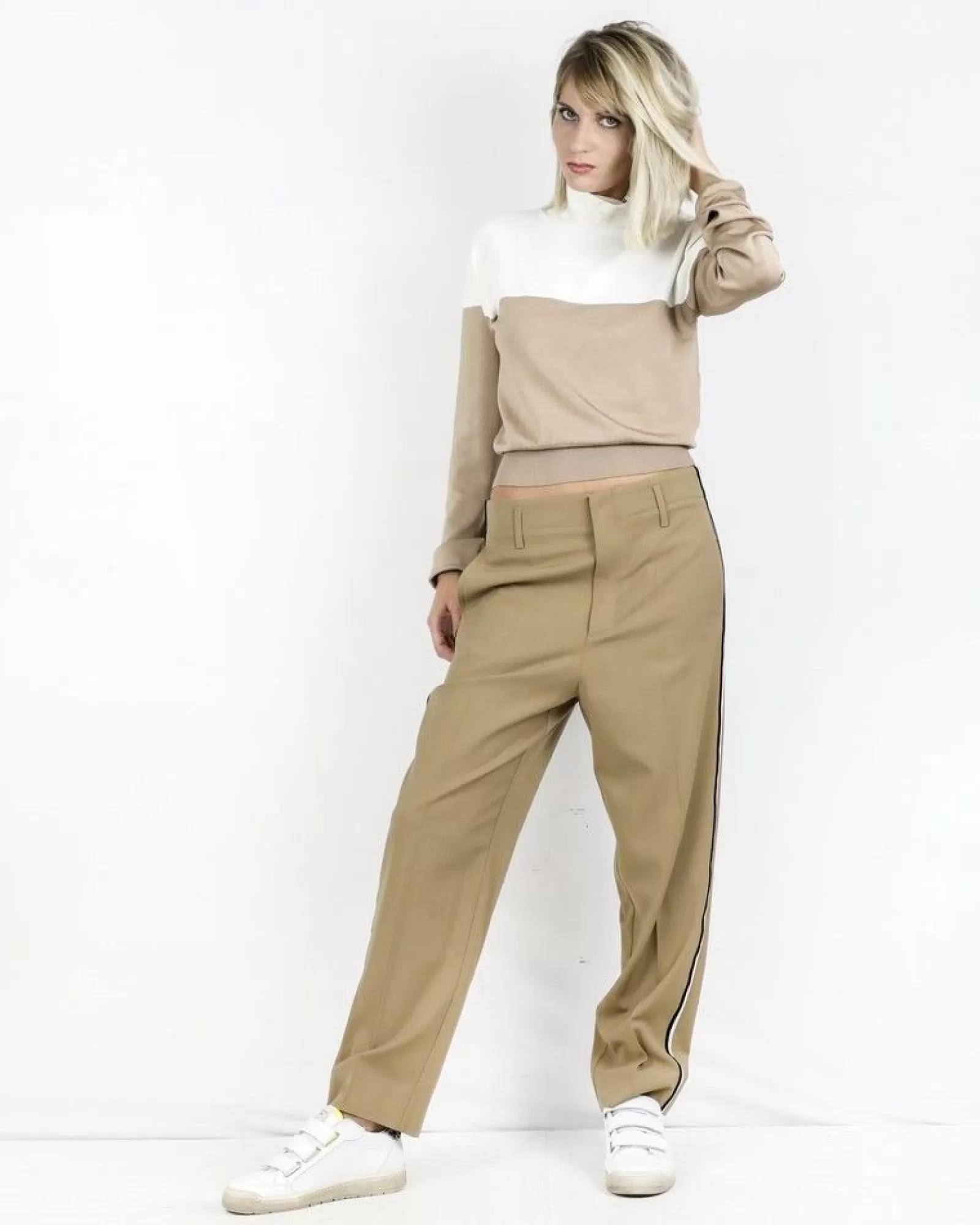 La Piscine Paris Pantalon en laine à bandes latérales Forte Forte Beige Discount