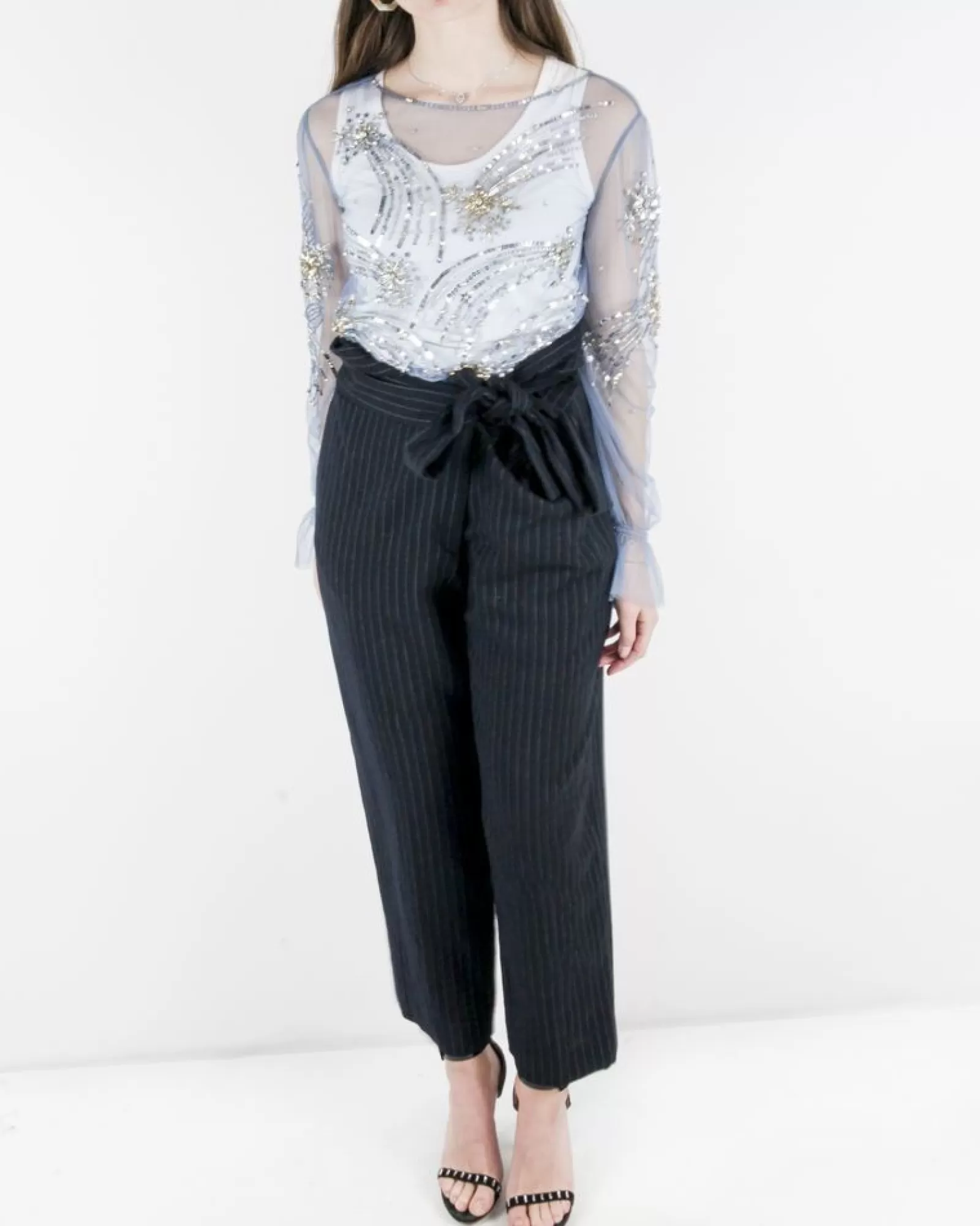 La Piscine Paris Pantalon taille haute en laine rayé Forte Forte Bleu Outlet