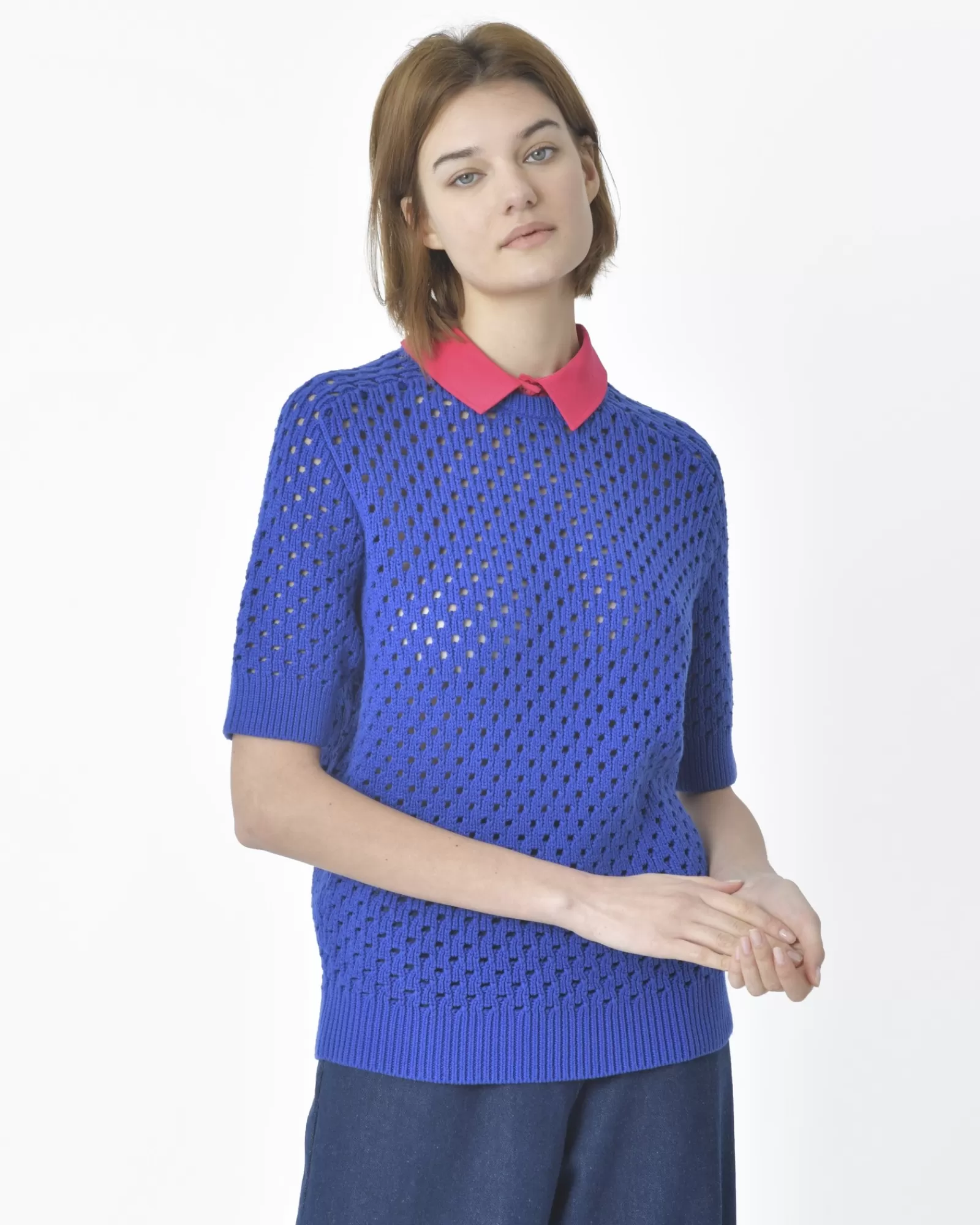 La Piscine Paris Polo ajouré manches courtes col rose Carven Bleu Outlet