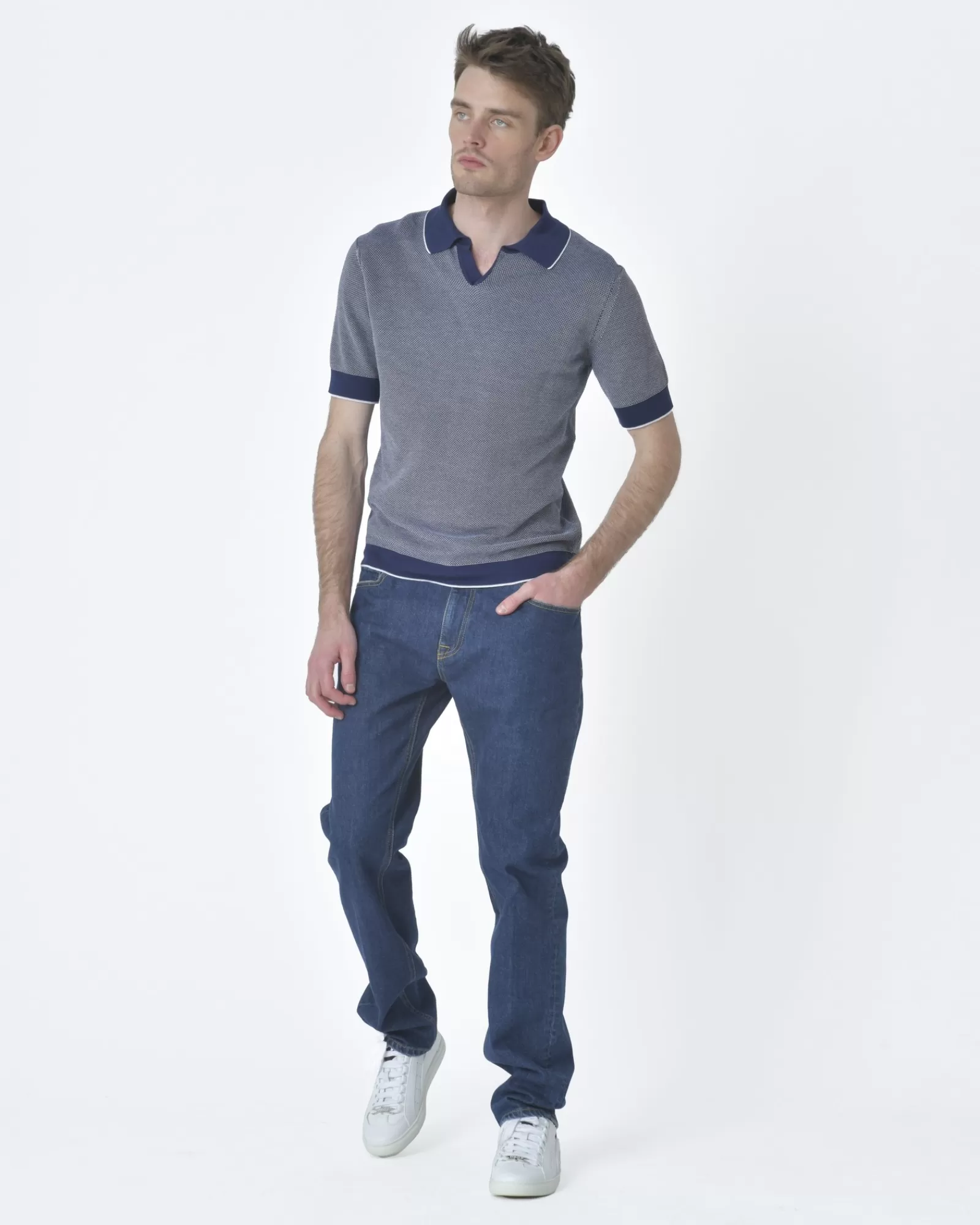 La Piscine Paris Polo maille double Blanc V Neck Bleu Best Sale