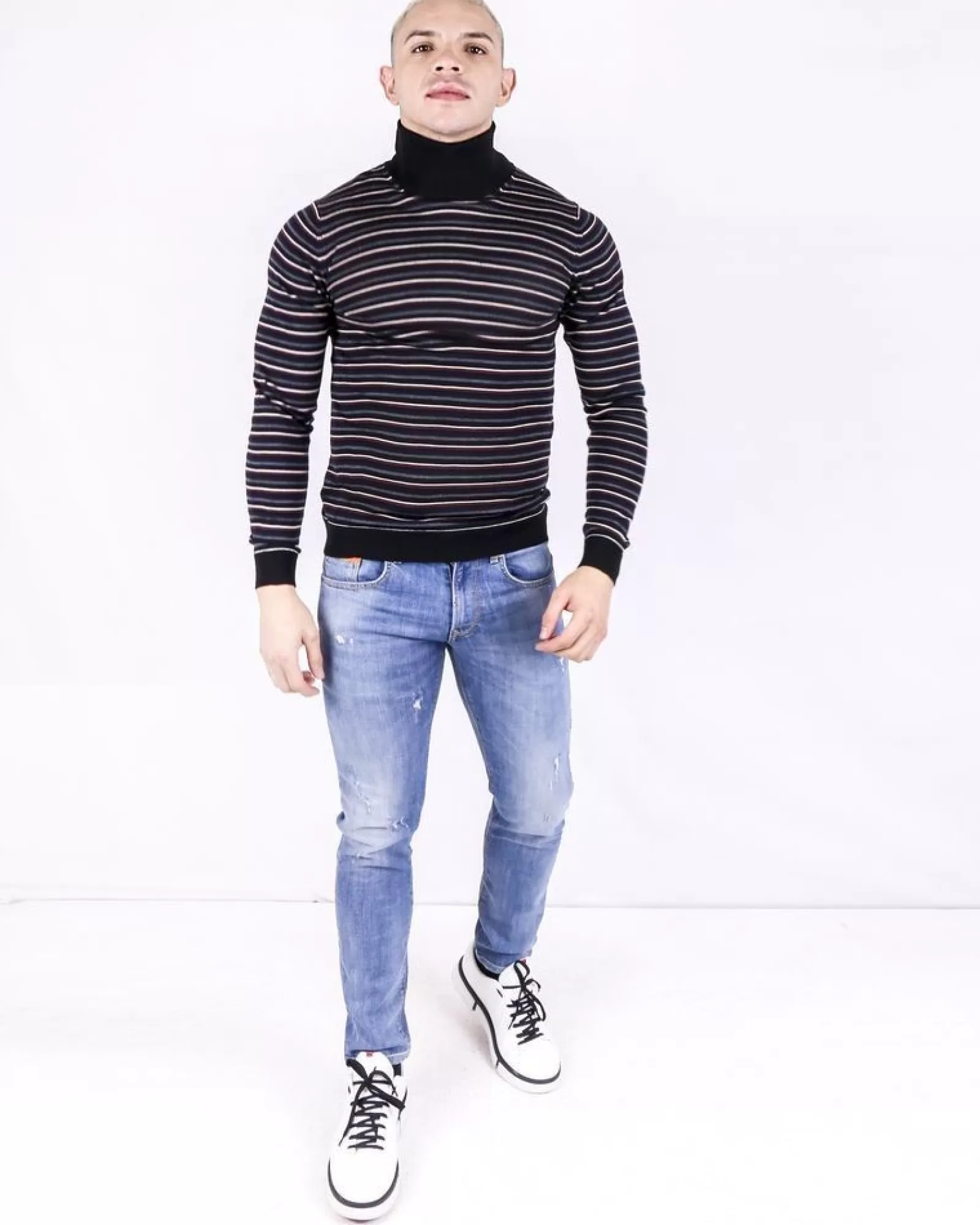 La Piscine Paris Pull col roulé à rayures tricolore Daniele Fiesoli Noir Sale