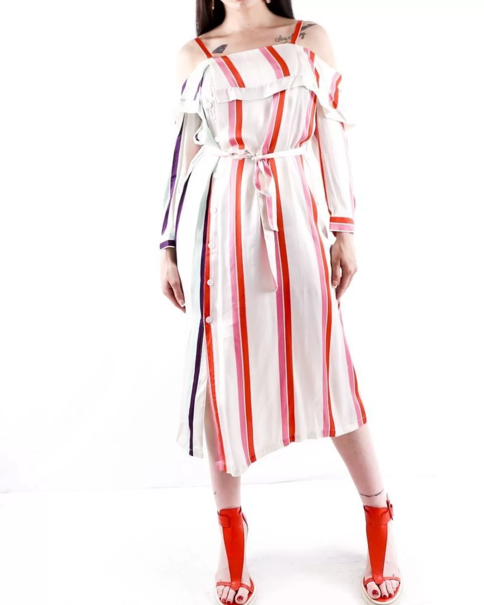 La Piscine Paris Robe façon chemise en satin à rayures colorés Isabelle he Blanc Fashion