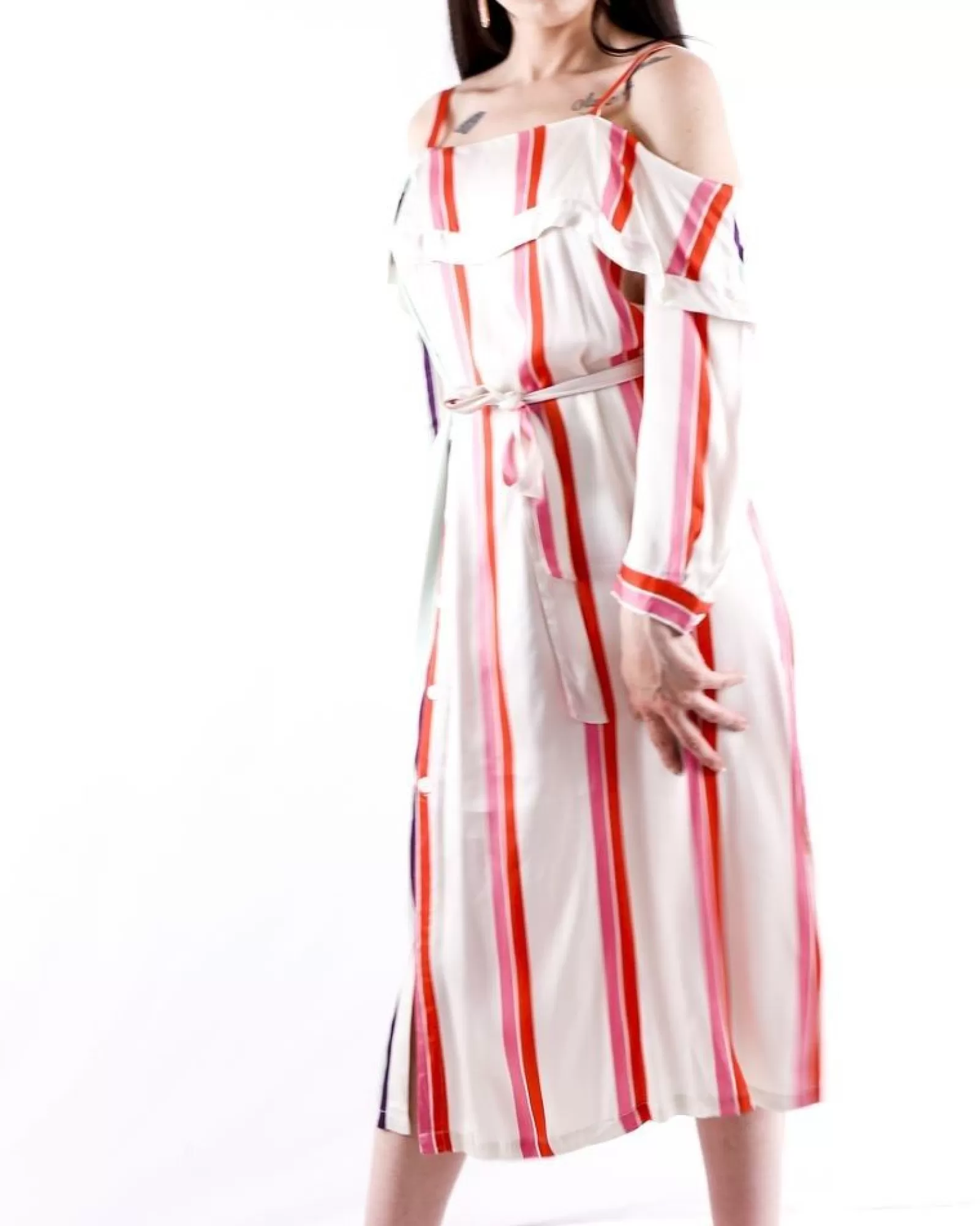 La Piscine Paris Robe façon chemise en satin à rayures colorés Isabelle he Blanc Fashion