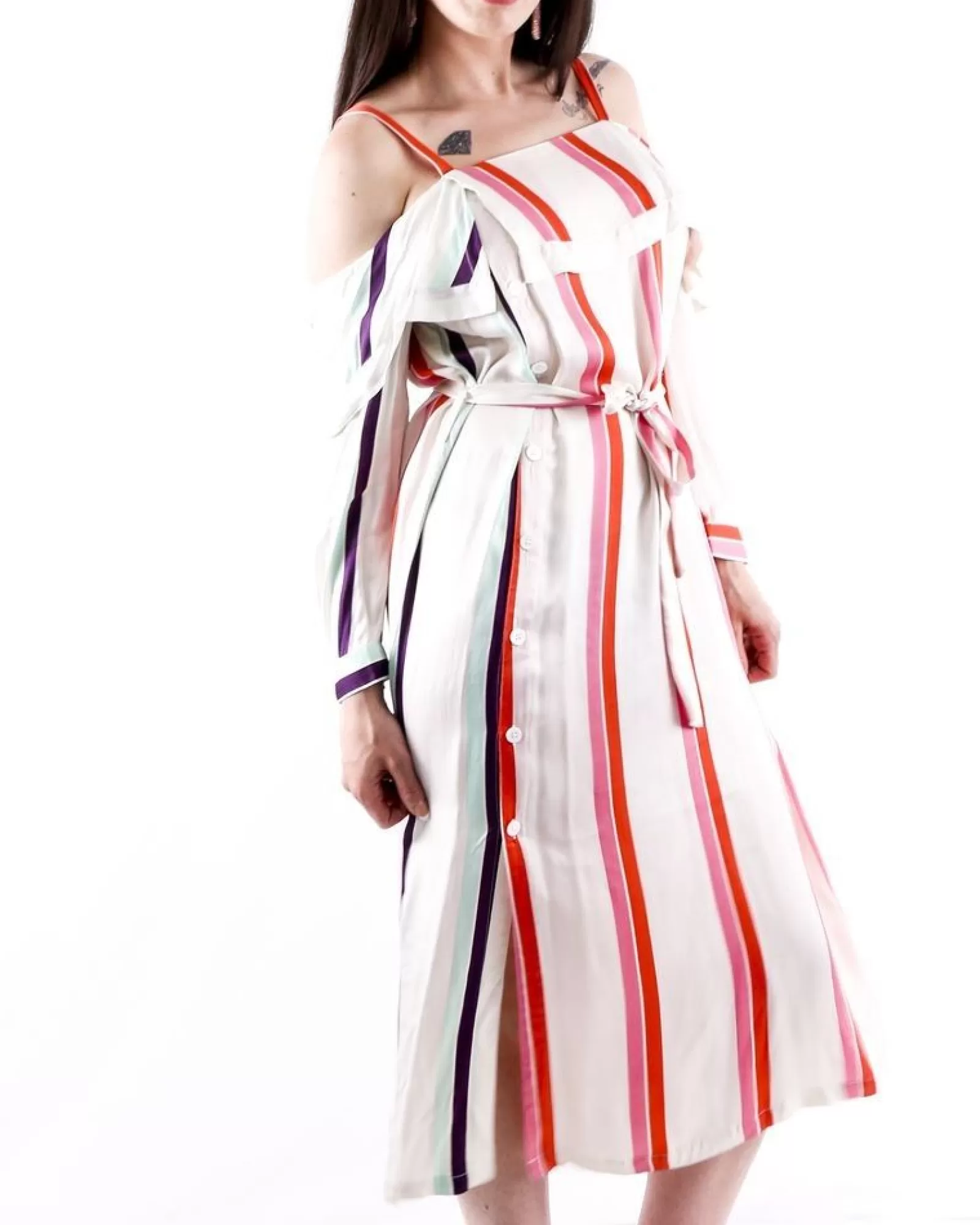 La Piscine Paris Robe façon chemise en satin à rayures colorés Isabelle he Blanc Fashion