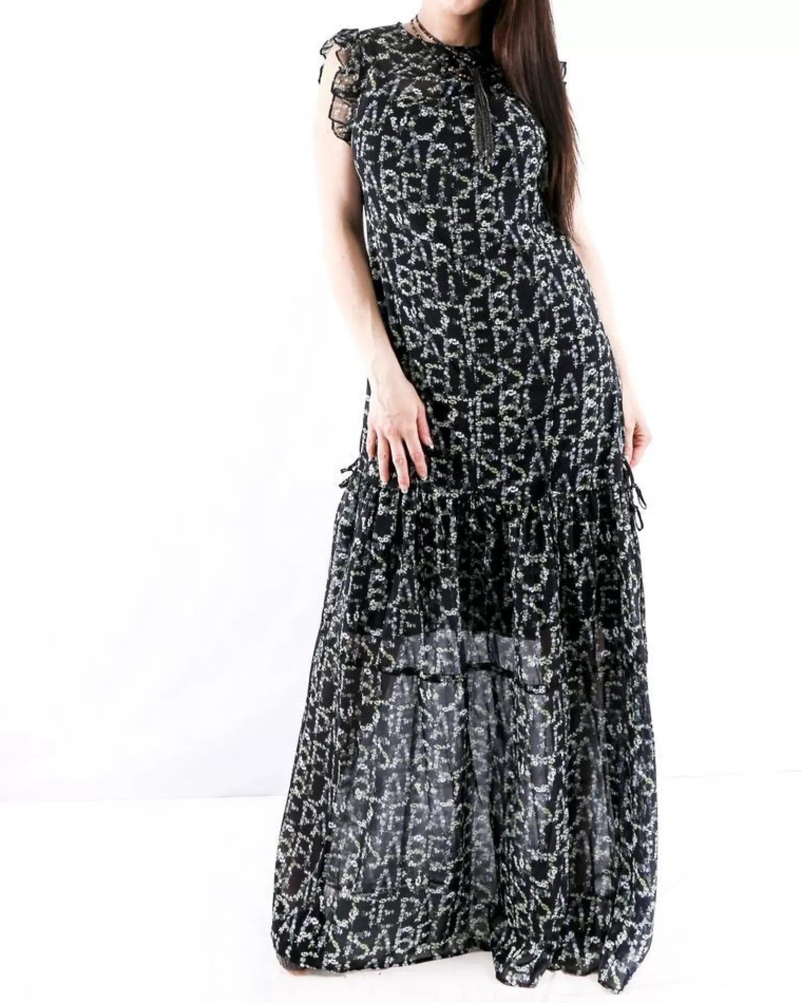 La Piscine Paris Robe longue volantée à motif floraux Isabelle Blanche Noir Shop