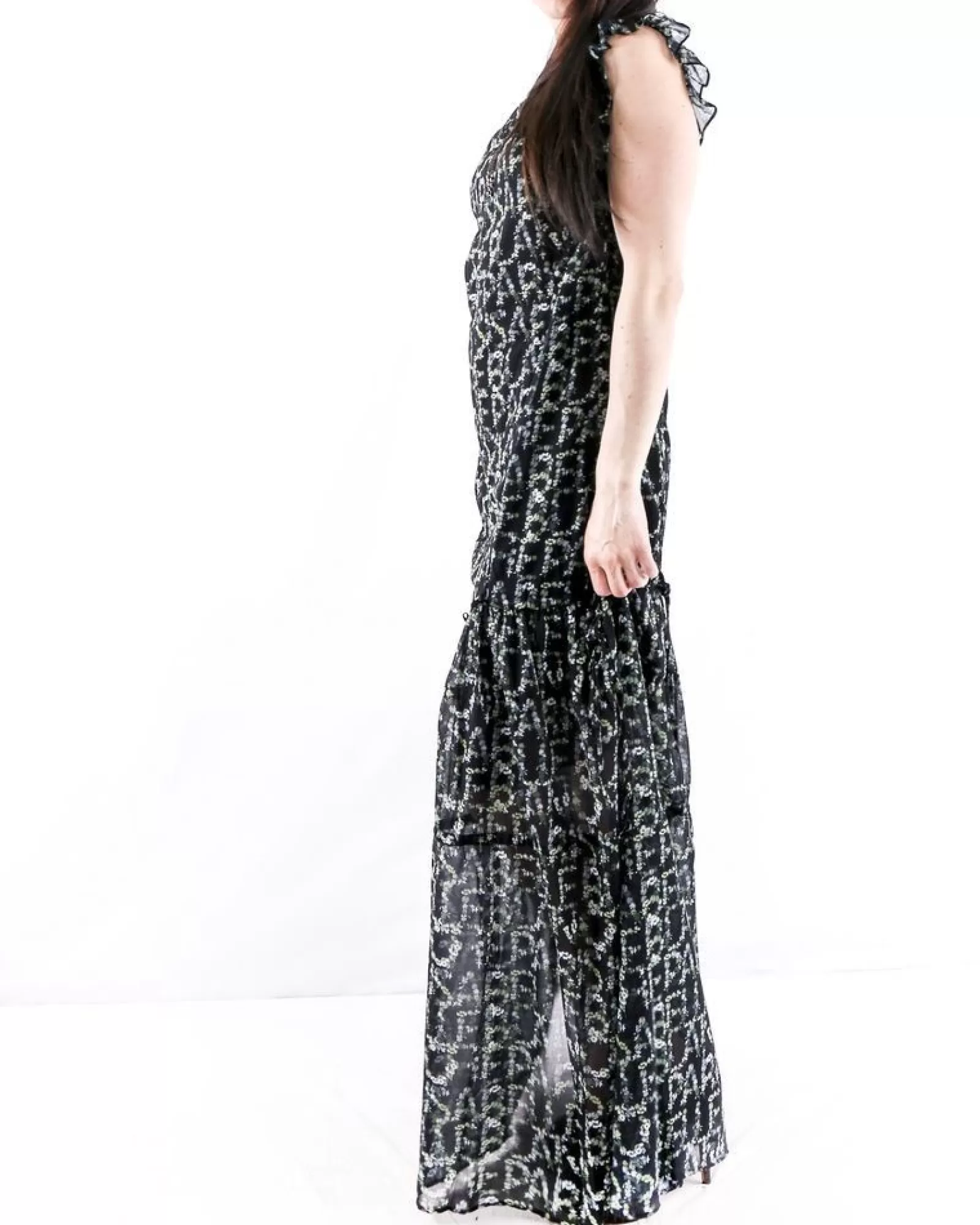 La Piscine Paris Robe longue volantée à motif floraux Isabelle Blanche Noir Shop