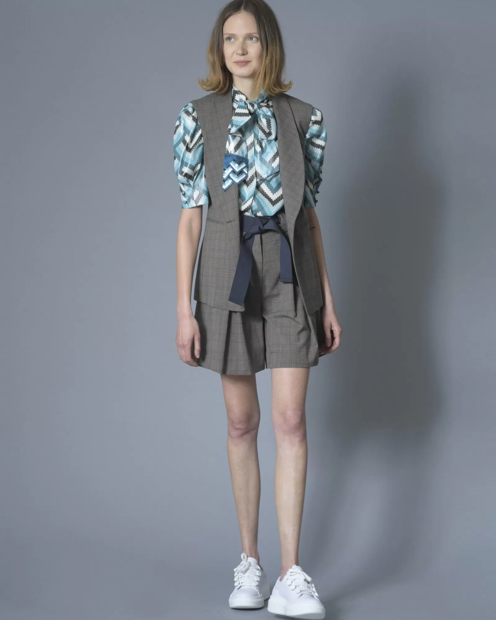 La Piscine Paris Short en laine mélangée à carreaux avec ceinture Eleventy Gris Best Sale