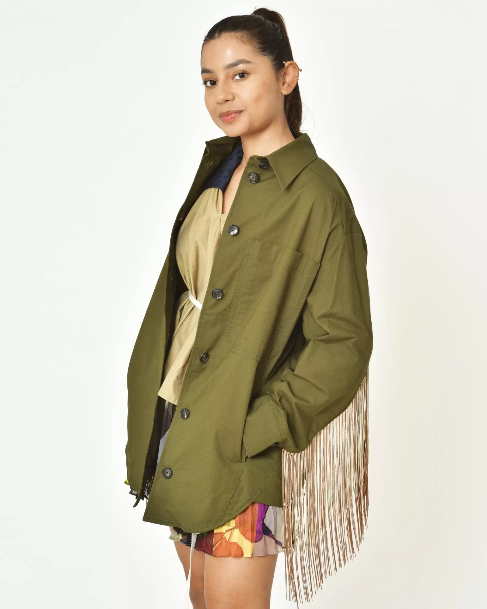 La Piscine Paris Surchemise en coton à franges bicolore T_Coat Kaki Cheap