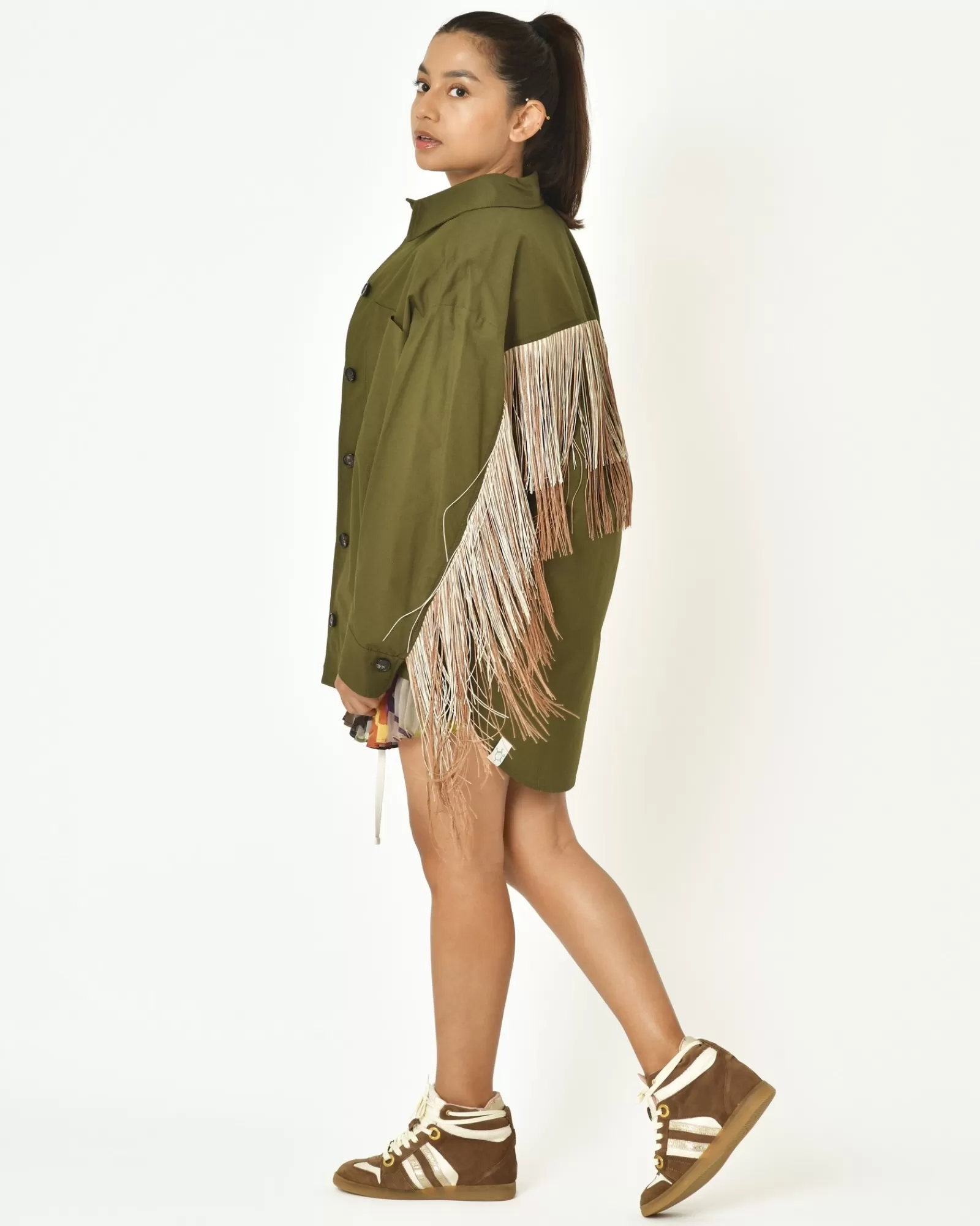 La Piscine Paris Surchemise en coton à franges bicolore T_Coat Kaki Cheap