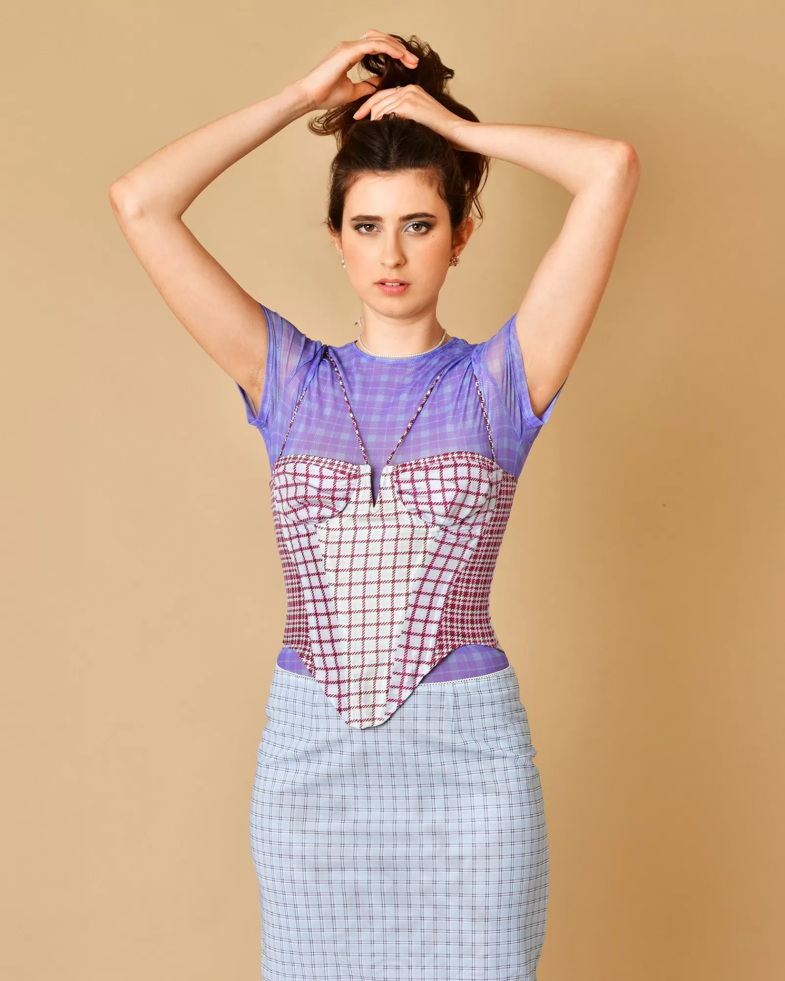 La Piscine Paris Top corset en soie à imprimé à carreaux Miaou Violet Hot