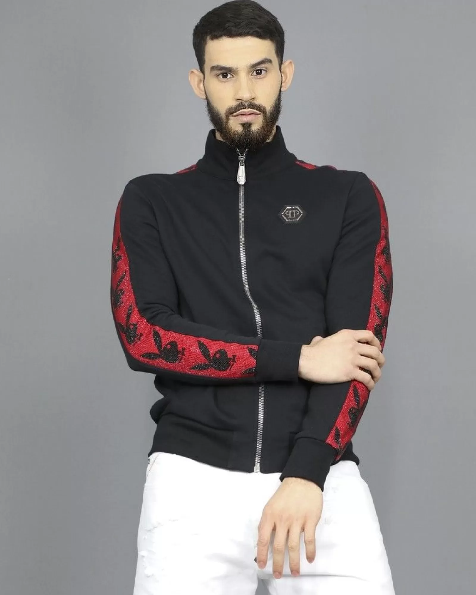 La Piscine Paris Veste de survêtement en jersey de coton appliqué Philipp Plein Noir Flash Sale