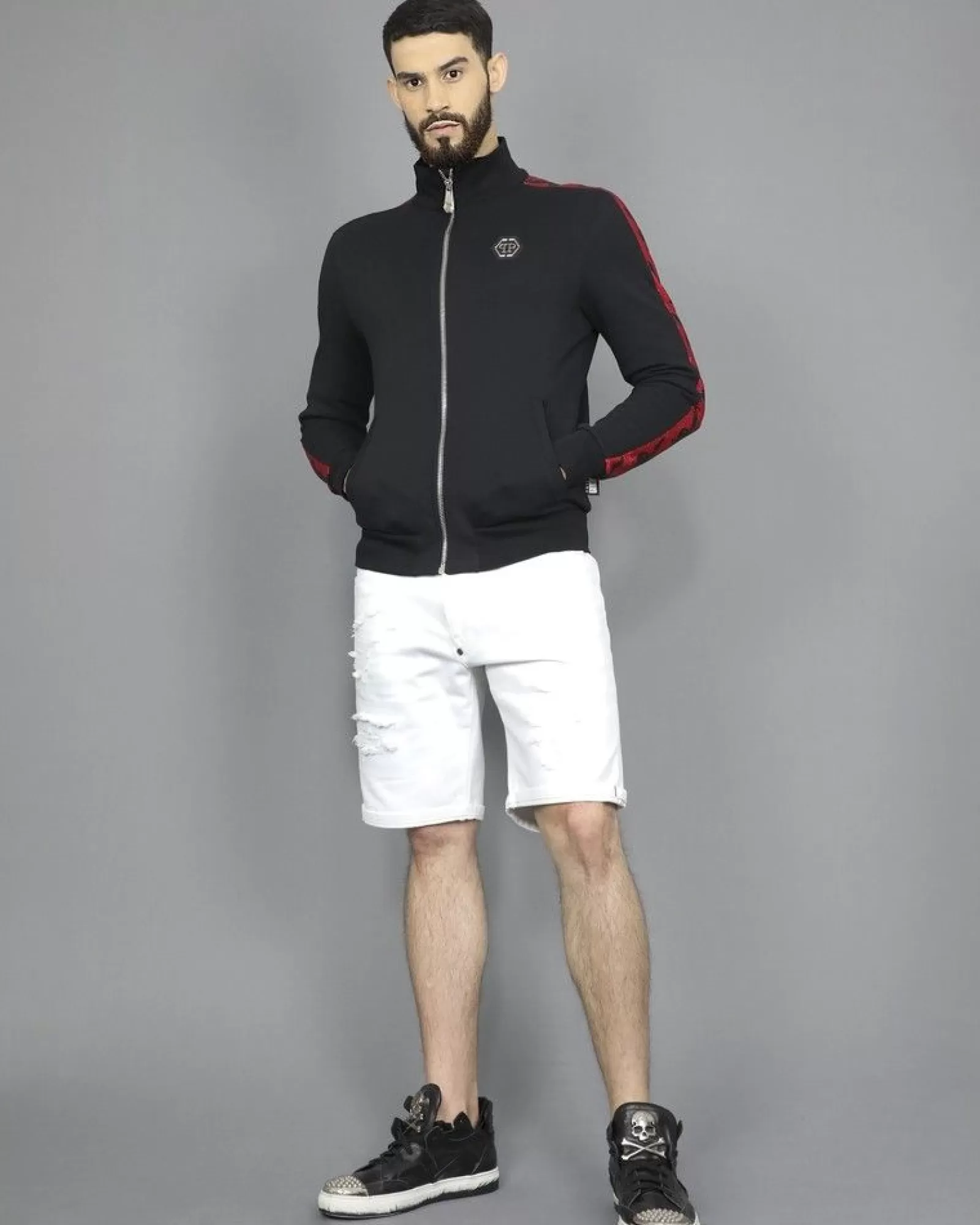 La Piscine Paris Veste de survêtement en jersey de coton appliqué Philipp Plein Noir Flash Sale